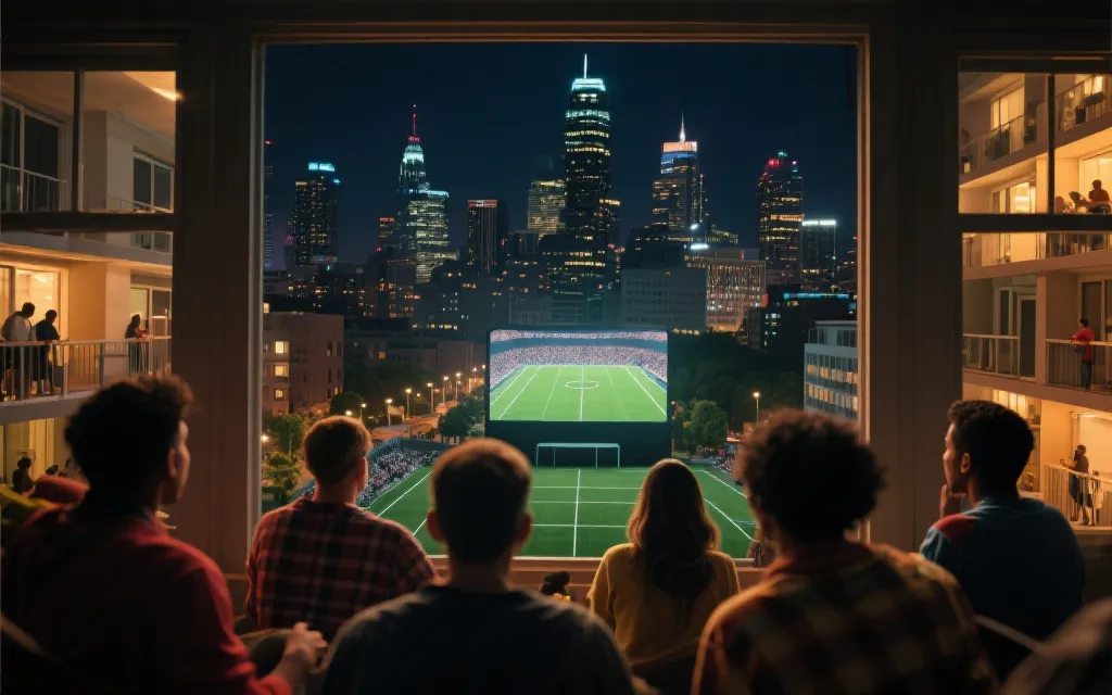北美城市夜景中球迷在屏幕前观赛的氛围感画面