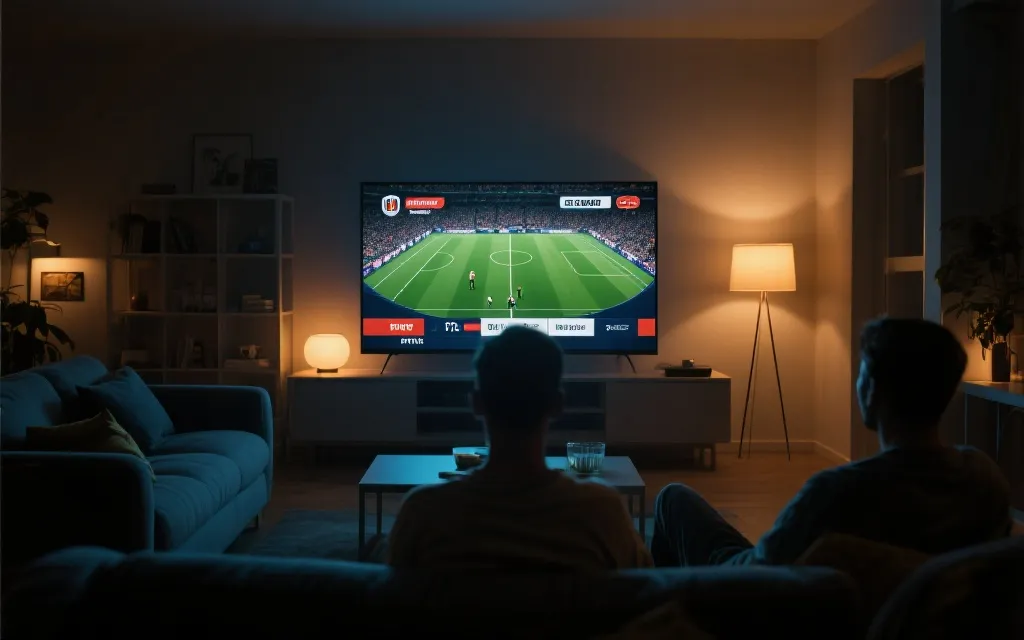 深夜客厅观看足球决赛的氛围，屏幕上是直播界面示意
