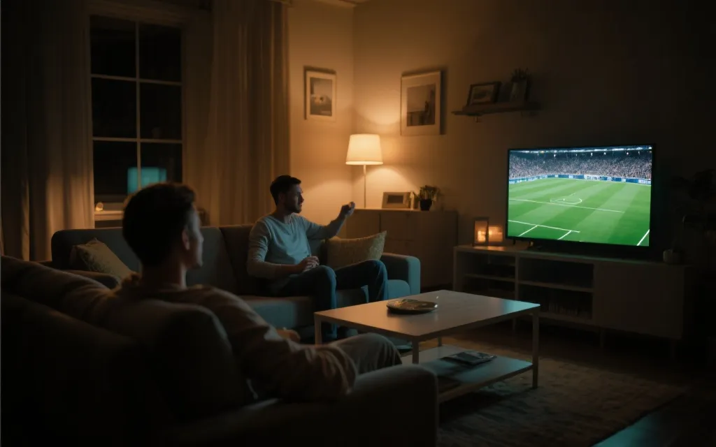 夜晚客厅观看足球直播的氛围场景